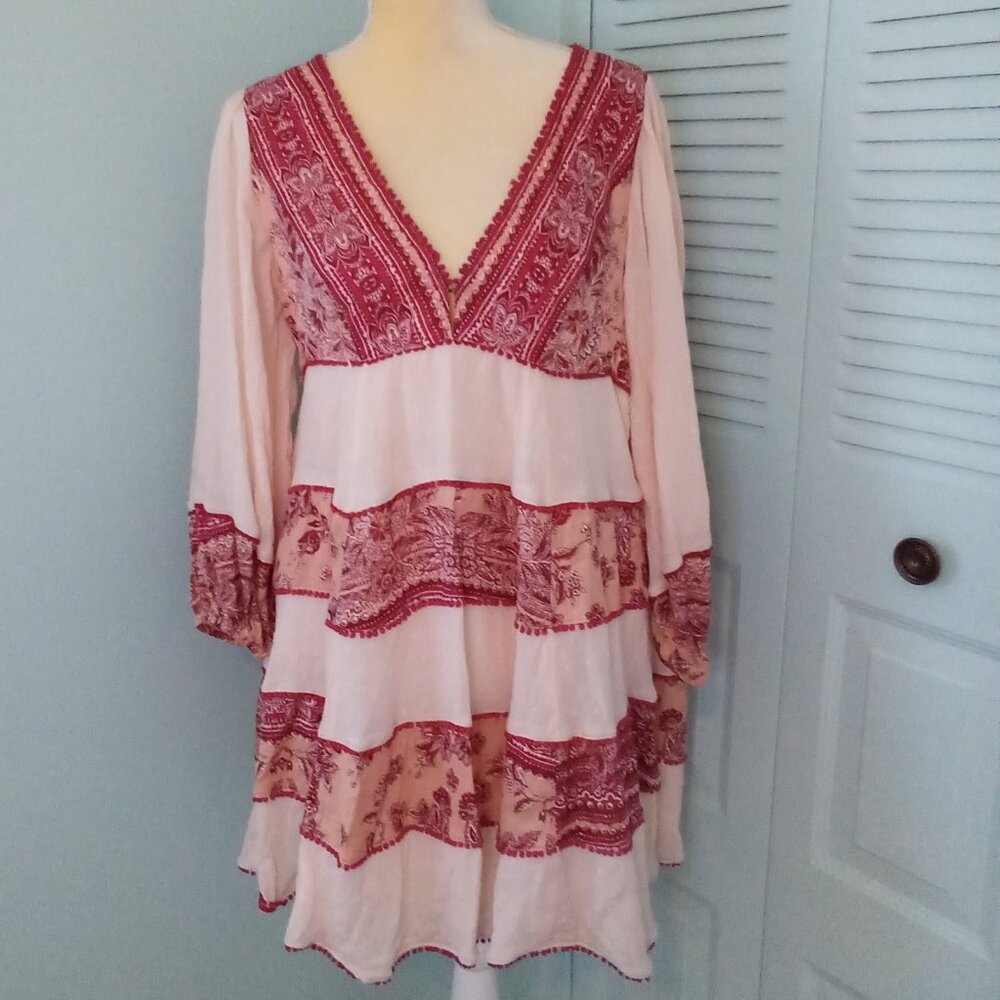 FREE PEOPLE MY LOVE MINI DRESS LACE V-NECK TIERED LONG SLEEVES LINED EMPIRE MED